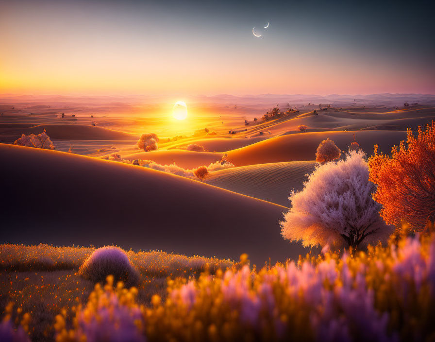 Vibrant sunset over serene desert with sand dunes, wildflowers, trees, and crescent