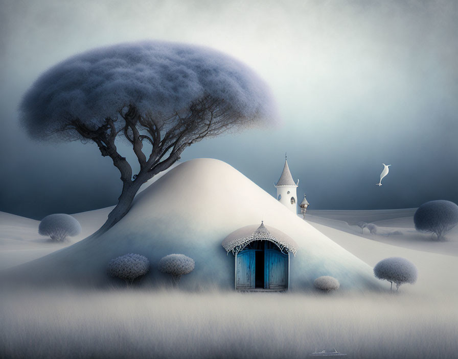 Surreal landscape with whimsical tree, snowy hill church, and floating figure