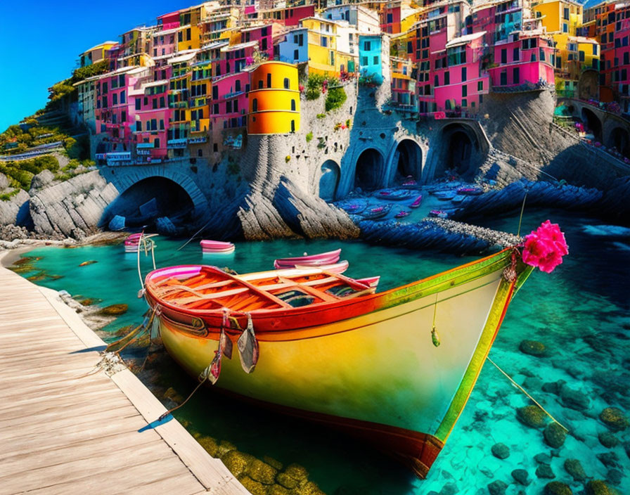 Vibrant cliffside buildings over clear blue sea and boats on dock