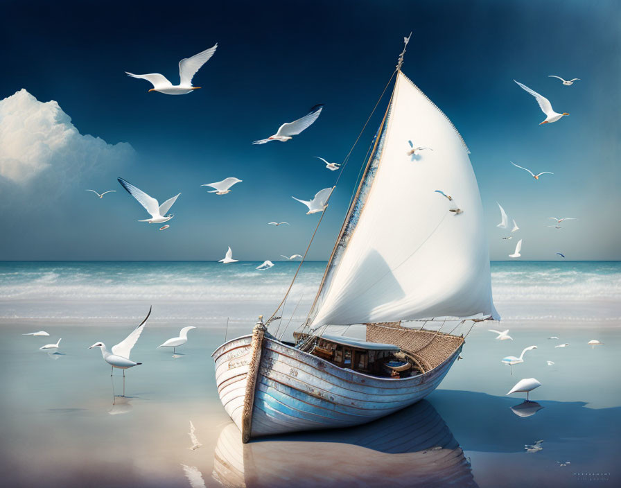 Tranquil beach landscape with sailboat, seagulls, and blue sky