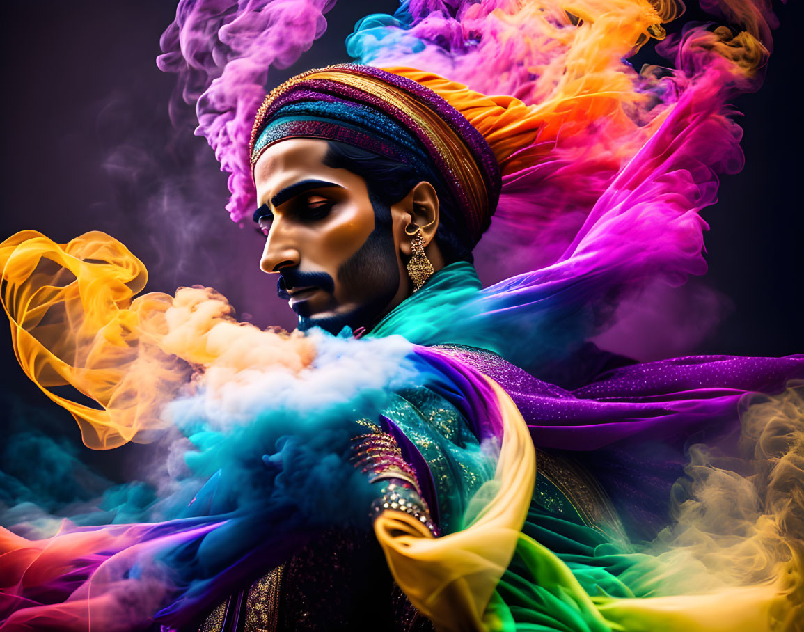 Vibrant man in multicolored attire with swirling smoke aura