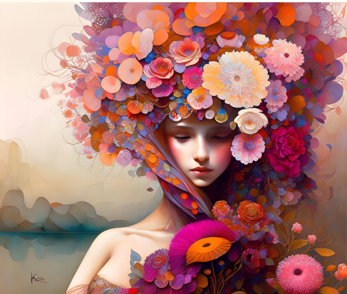 Colorful Flower Headdress on Serene Woman Against Abstract Background