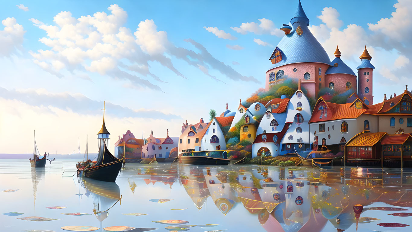 Colorful Fairytale Coastal Town Illustration with Castle and Boats at Sunrise/Sunset