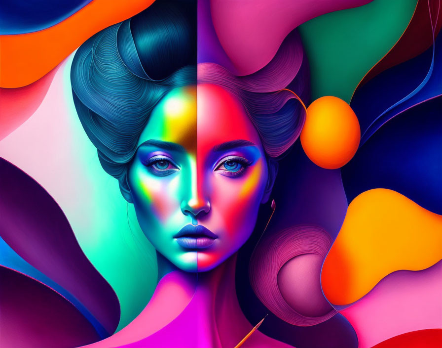 Colorful Abstract Digital Art: Woman's Face Split in Vibrant Sections