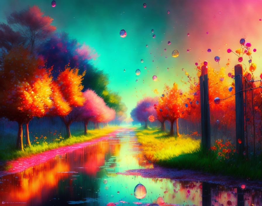 Vivid Whimsical Landscape with Colorful Trees and Reflecting Water