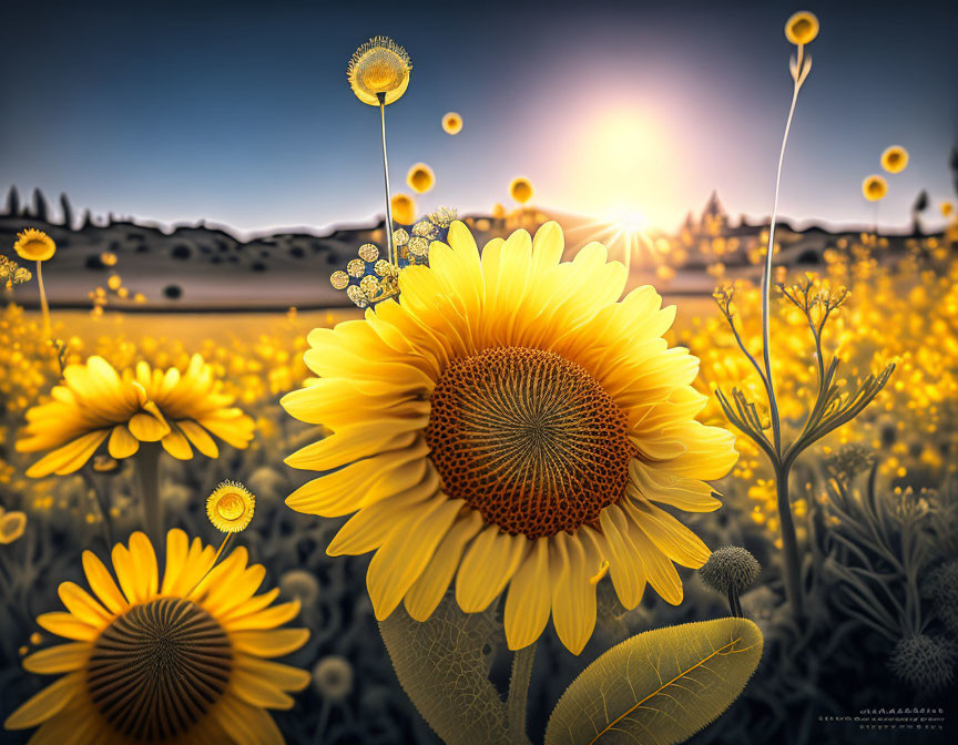 Sunflower Field at Sunset with Detailed Close-Up