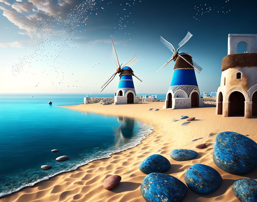 Tranquil beach scene with colorful pebbles, white and blue windmills, birds,