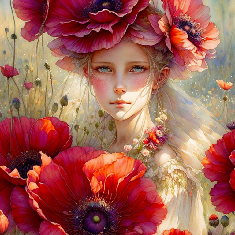 Fair-skinned girl with blue eyes surrounded by red poppies and flowers in hair