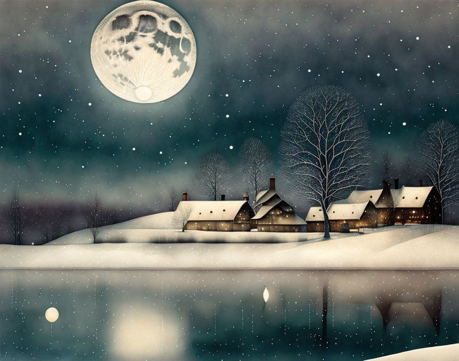 Snowy Winter Night Scene with Moonlit Cottages