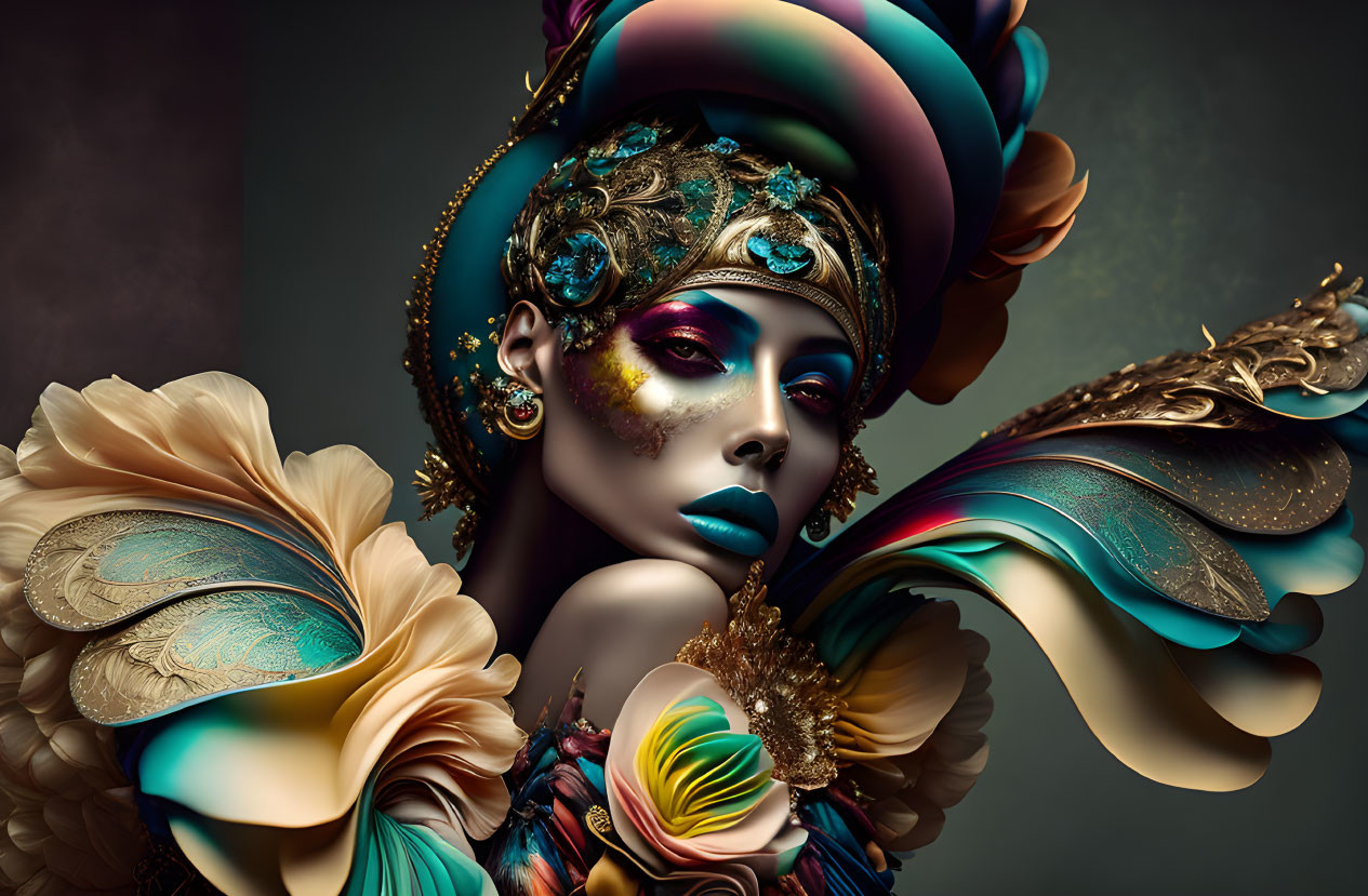 Elaborate Fantasy Makeup with Colorful Turban Headpiece