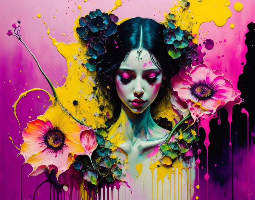 Colorful artistic depiction of a woman amidst vibrant splashes and blooming flowers