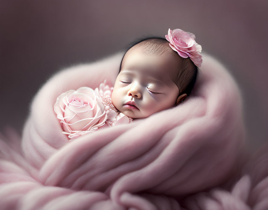 Newborn baby sleeping in pink fabric with roses and floral headband