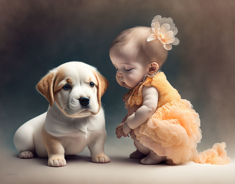 Baby in yellow dress sitting with puppy in heartwarming scene