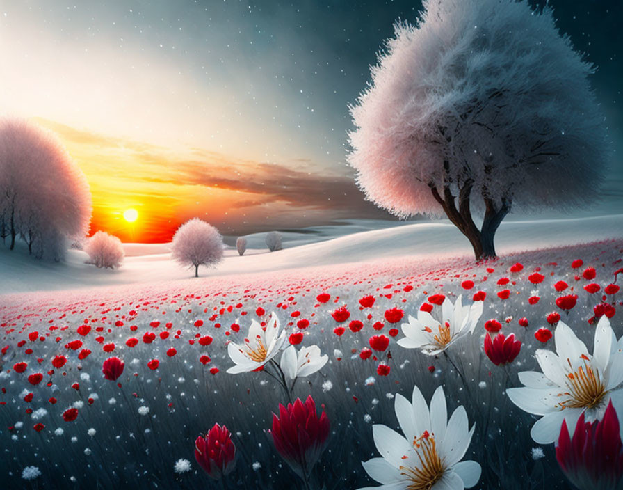 Snow-covered Winter Landscape with Sunset, Red Flowers, and Frosty Trees