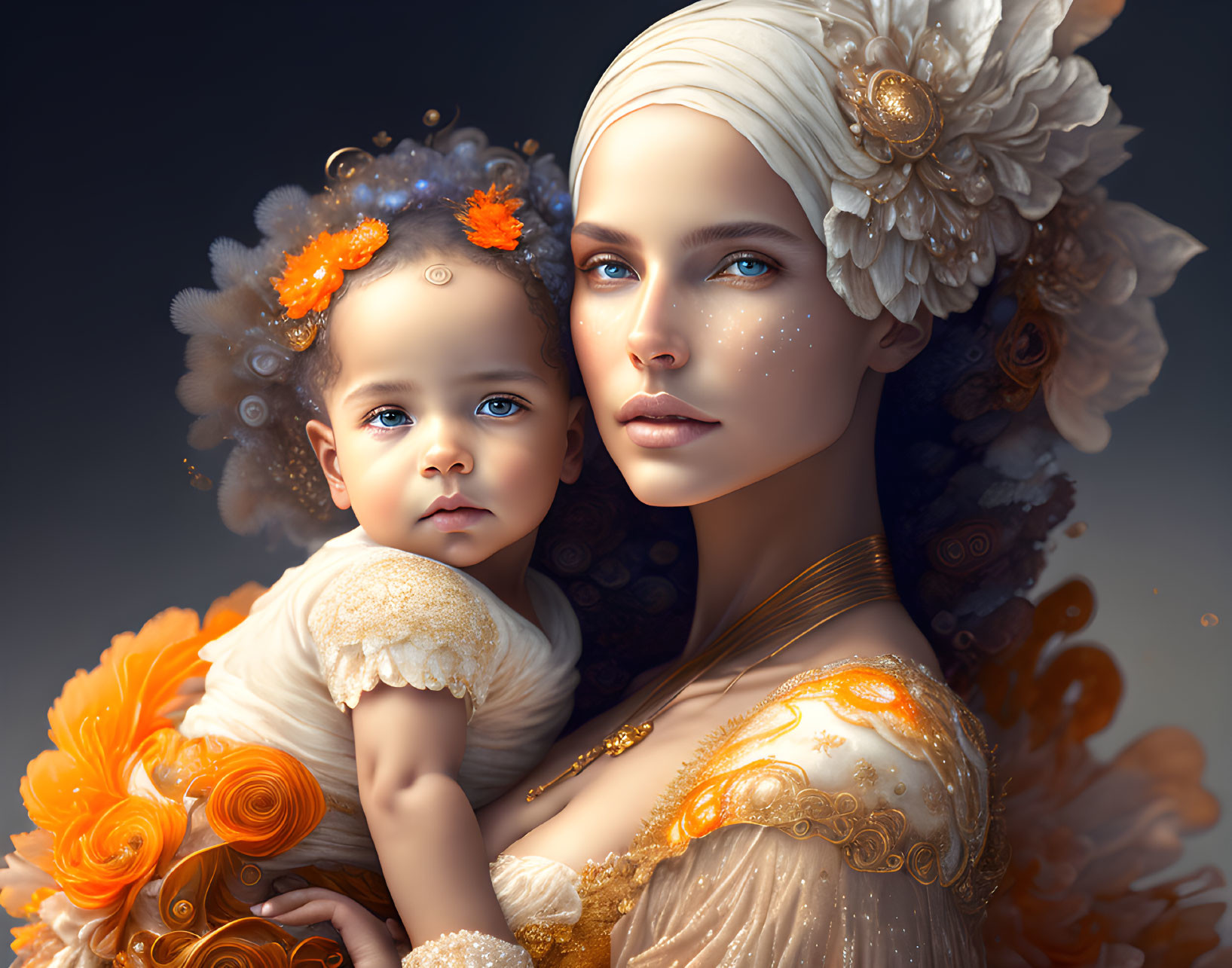 Digital artwork of woman with ornate headwear holding a child in white and gold attire with orange floral