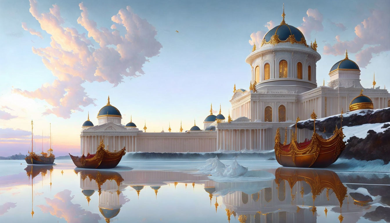 Fantasy palace with golden domes near reflective water and ornate ships under pink sky