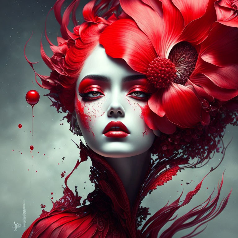 Surreal digital artwork of woman with red hair, flowers, and dramatic makeup