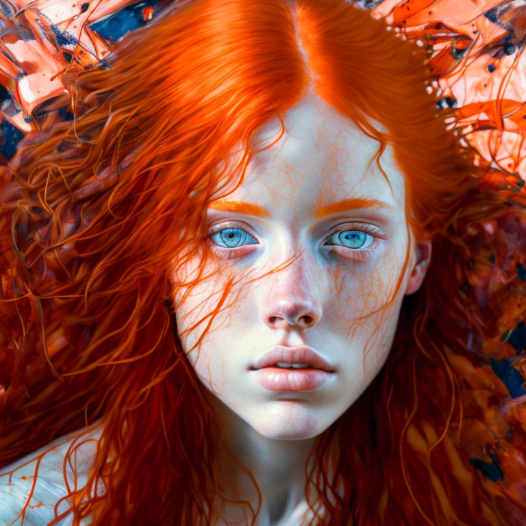 Close-up of person with vibrant orange hair and blue eyes with intricate vein-like patterns