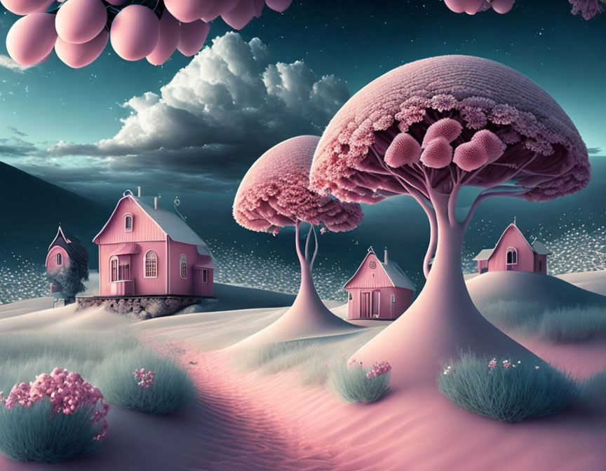 Whimsical landscape with oversized mushroom-like trees and pink house