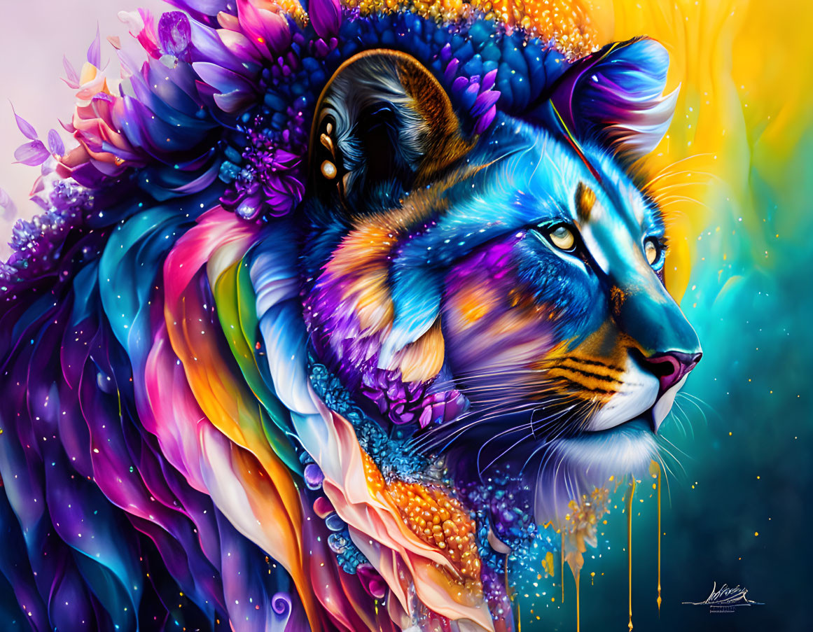 Vibrant lion digital artwork with colorful floral and cosmic elements