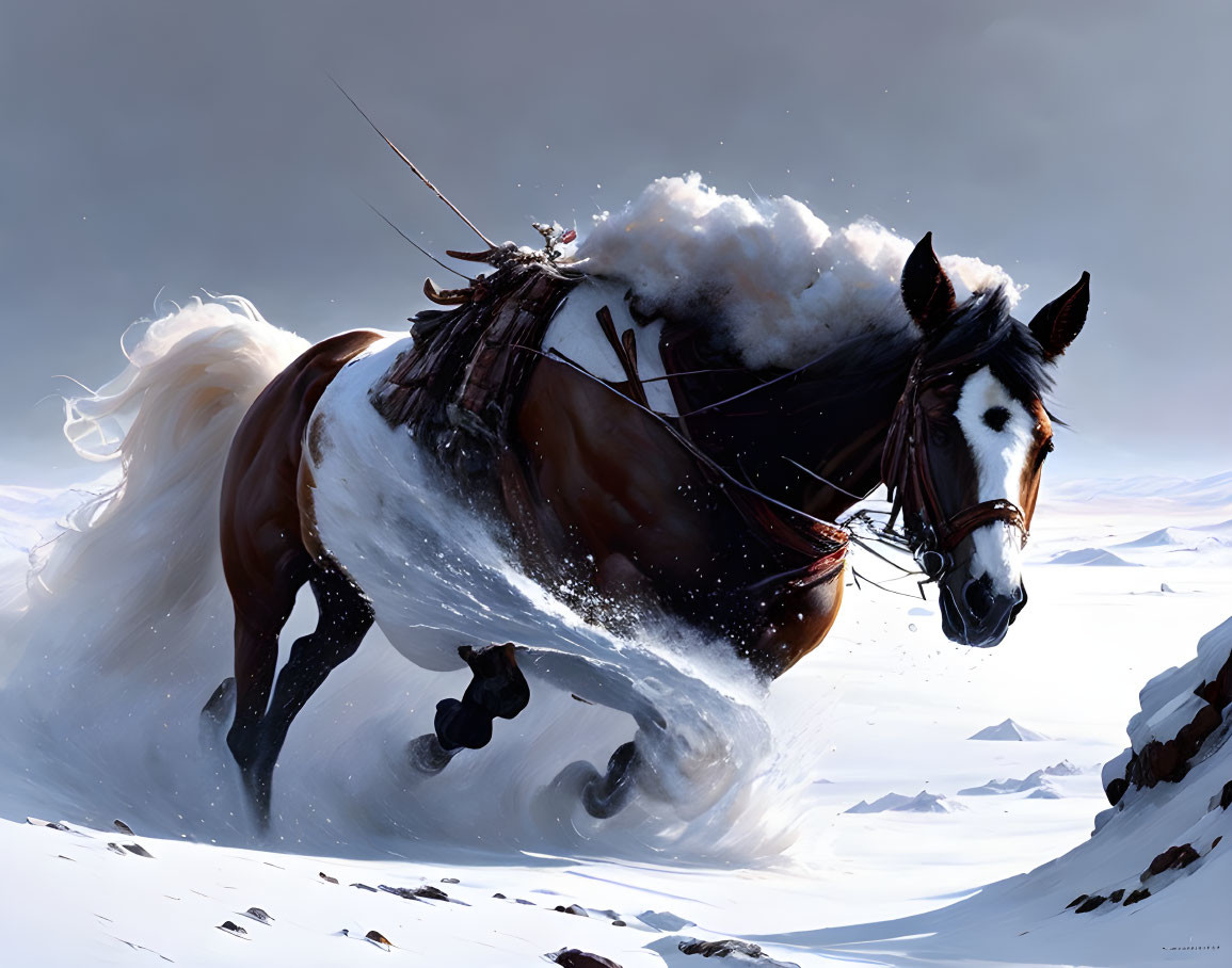 Majestic horse with flowing mane gallops in snowy landscape