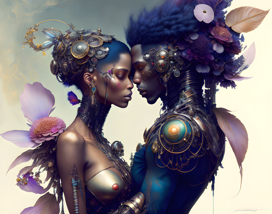 Detailed futuristic humanoid figures in close pose with ornate headpieces and mechanical elements.