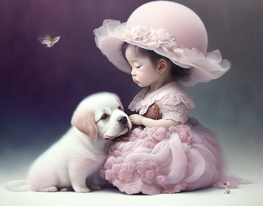 Young girl in pink dress bonding with white puppy in soft purple setting with butterfly