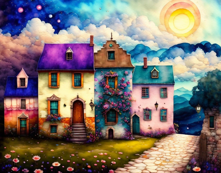 Colorful Watercolor Illustration: Whimsical Houses, Flowering Vines, Cobblestone