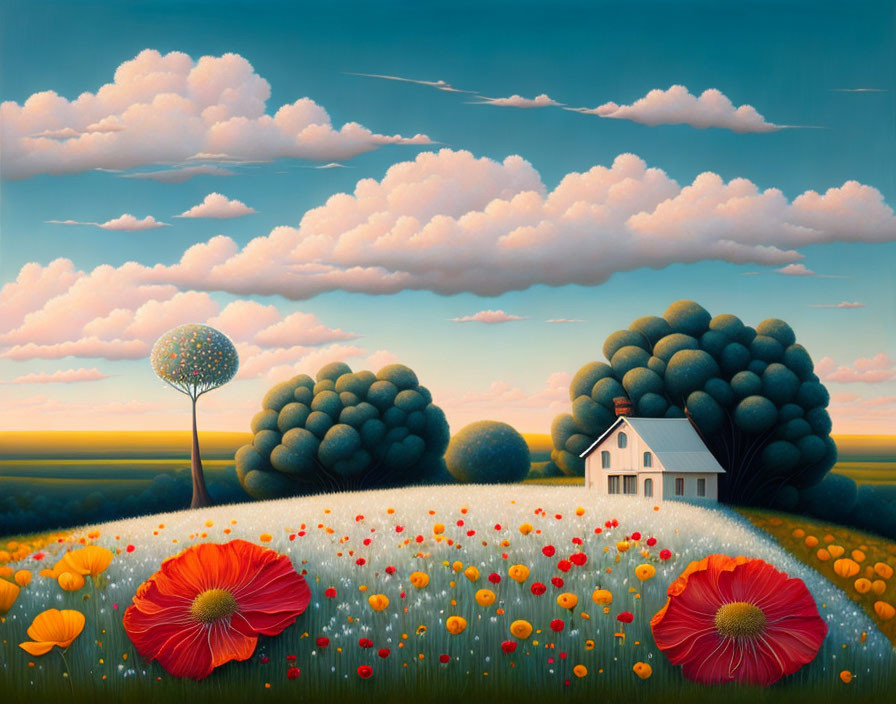 Surreal landscape with small house, poppies, unique blue tree, sunset sky