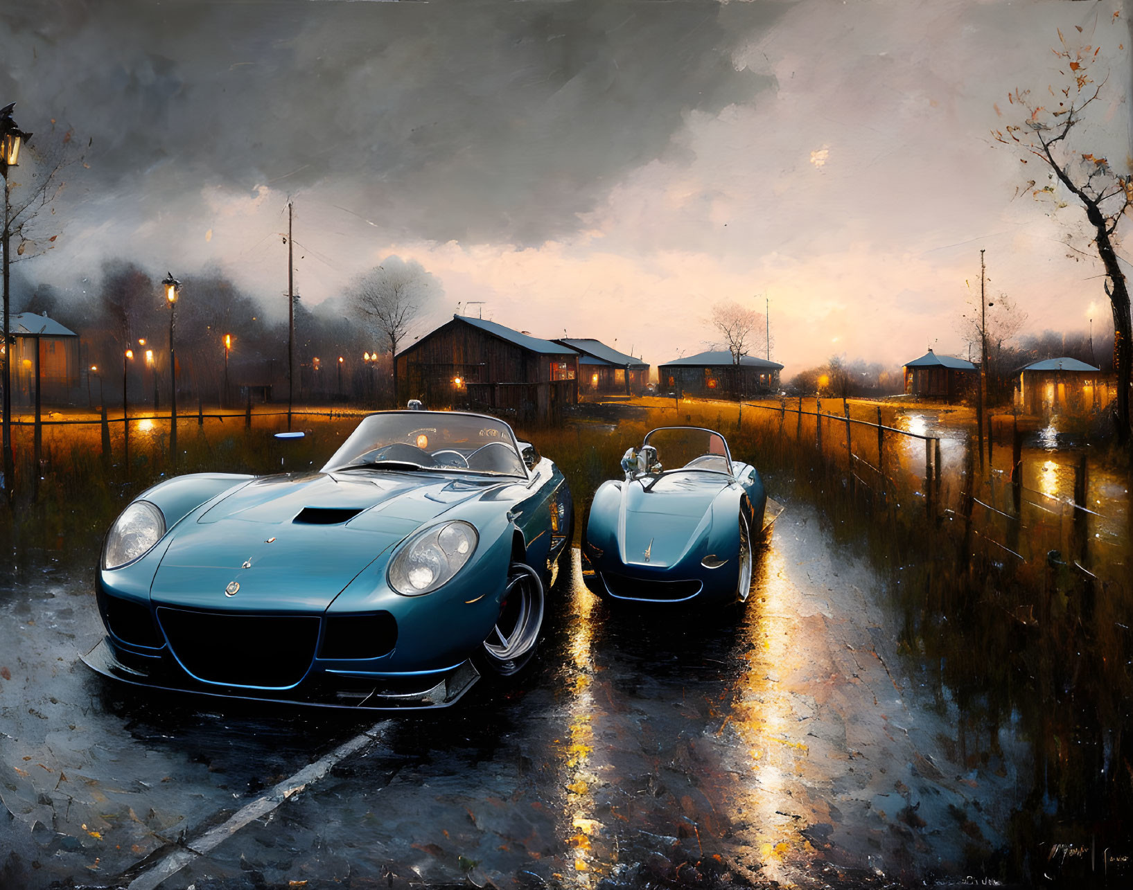 Vintage sports cars on wet street at dusk with street lights and dark clouds