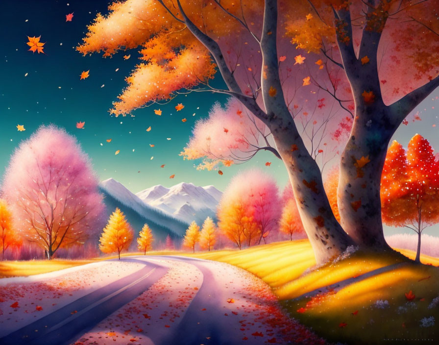 Colorful autumn landscape with winding road and mountains view