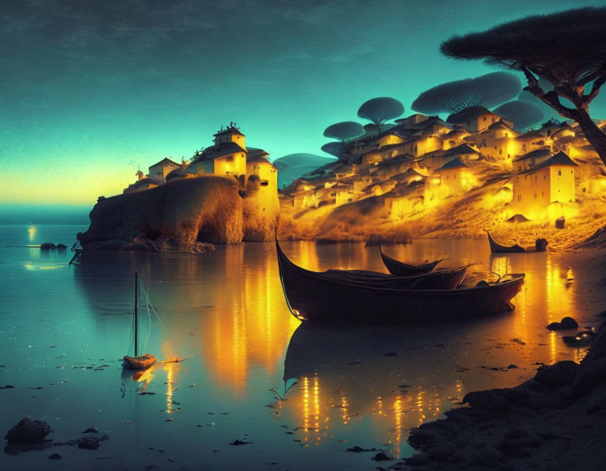 Tranquil bay with boat, illuminated houses, giant mushrooms under starry sky