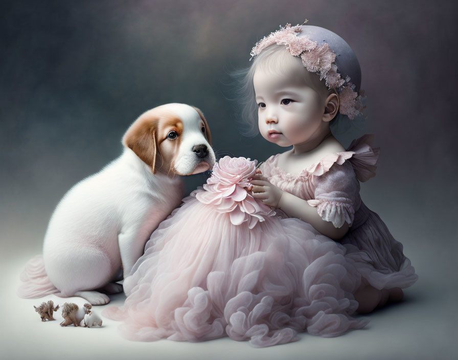 Toddler in Pink Frilly Dress with Puppy in Serene Moment