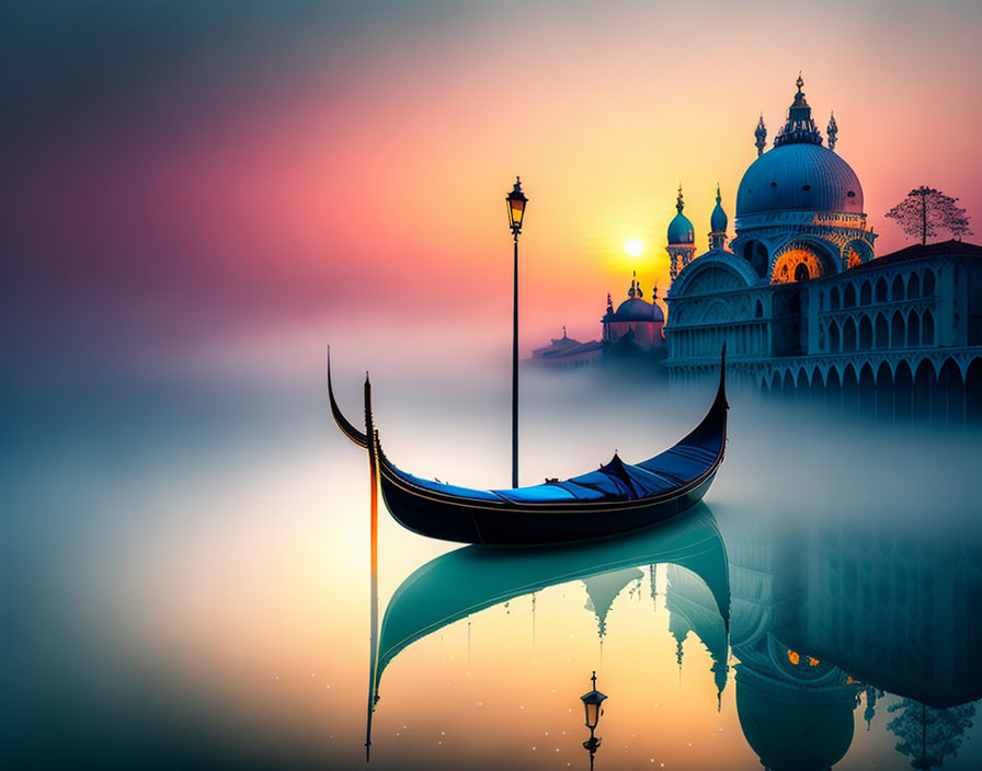 Gondola on calm water near domed building at sunset in foggy setting