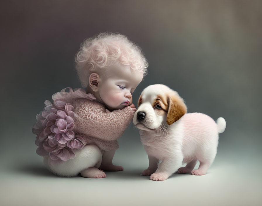 Curly-Haired Toddler in Flower Dress with Fluffy Puppy