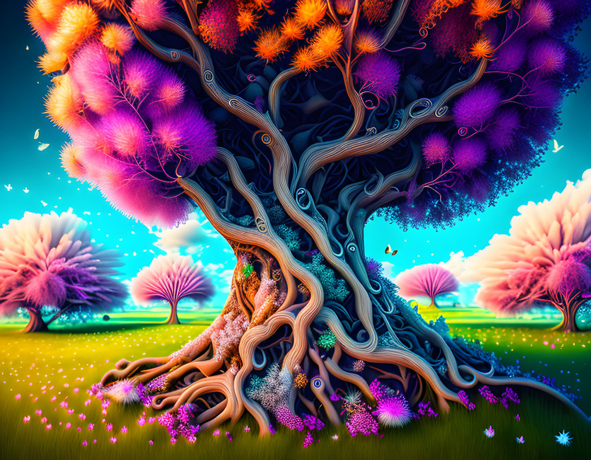 Colorful mythical tree in lush fantasy landscape