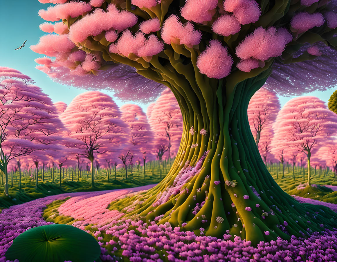 Colorful surreal landscape with pink trees, green trunk, purple flowers, and lush purple grass.