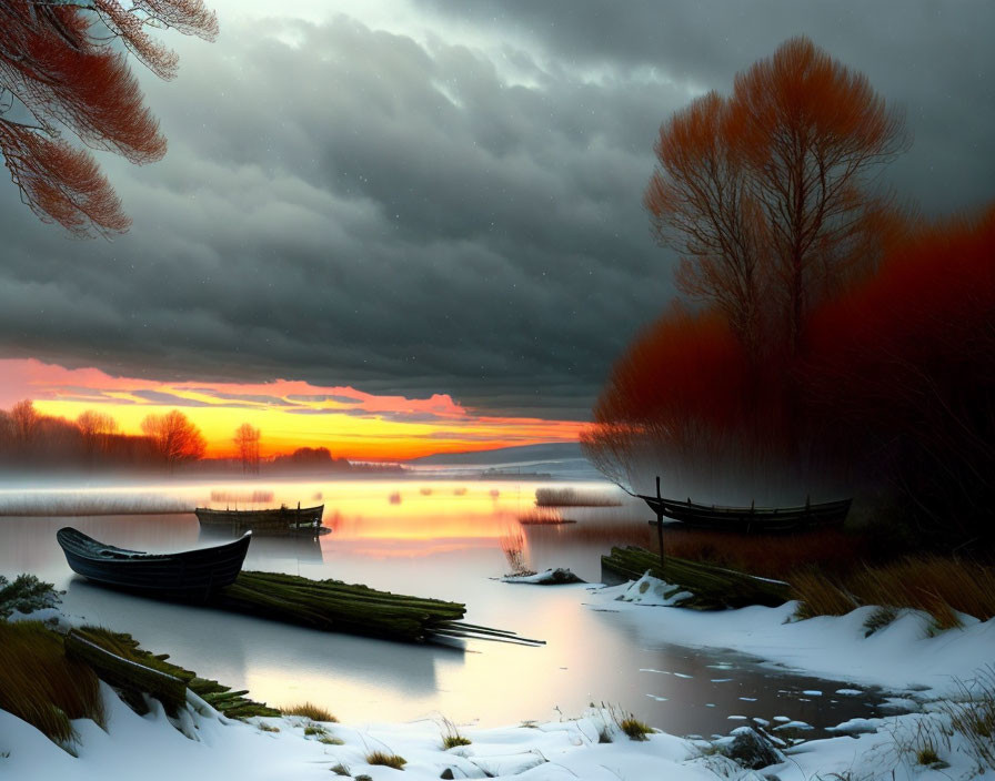 Winter sunset over frozen lake with three boats and autumn trees under dramatic sky