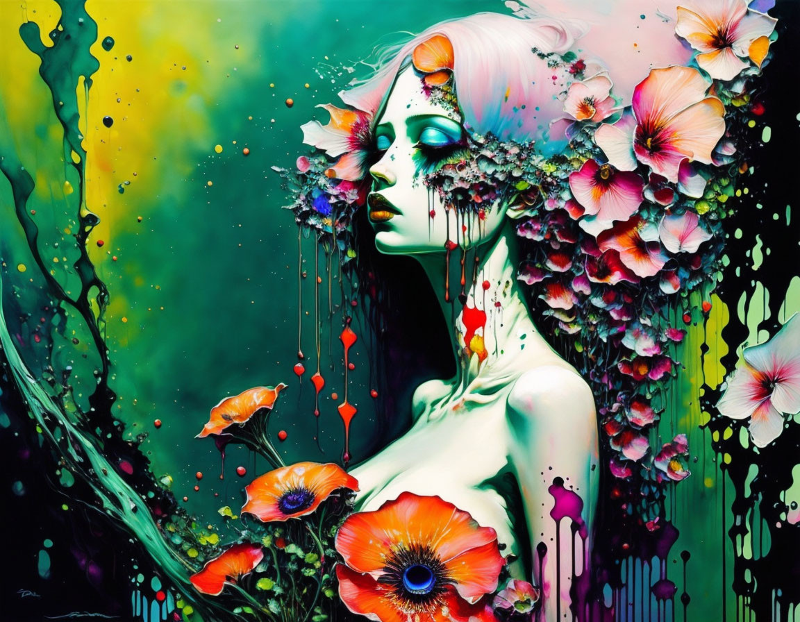 Colorful artwork: Woman with flower-adorned hair and vibrant splashes