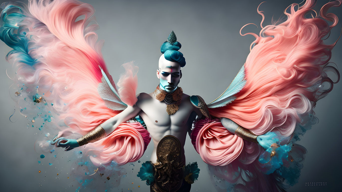 Stylized figure with blue hair, pink wings, gold jewelry in colorful scene