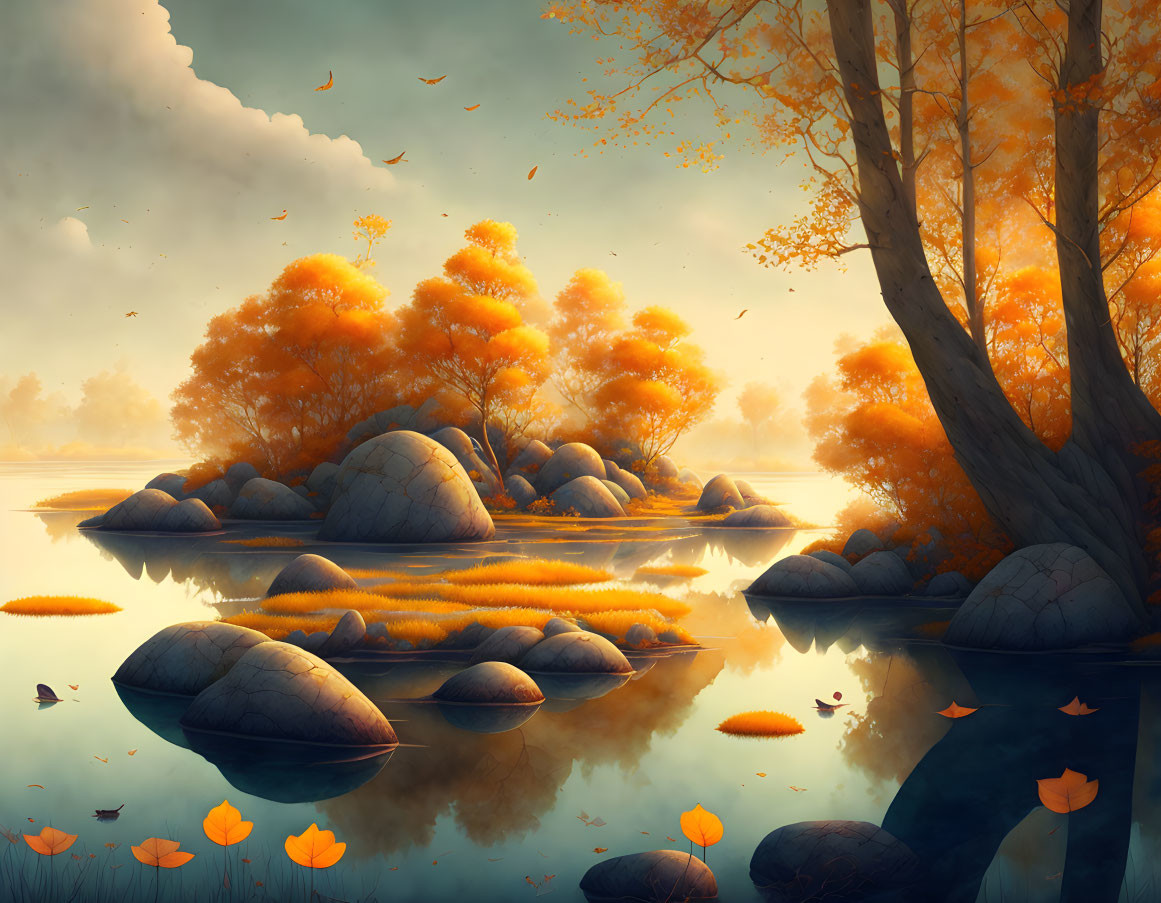 Tranquil autumn landscape with golden trees, rocks, leaves, and birds