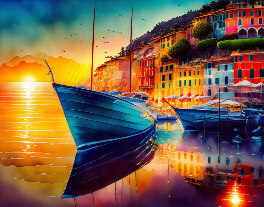 Vibrant waterfront scene: colorful buildings, boats, reflections at sunset