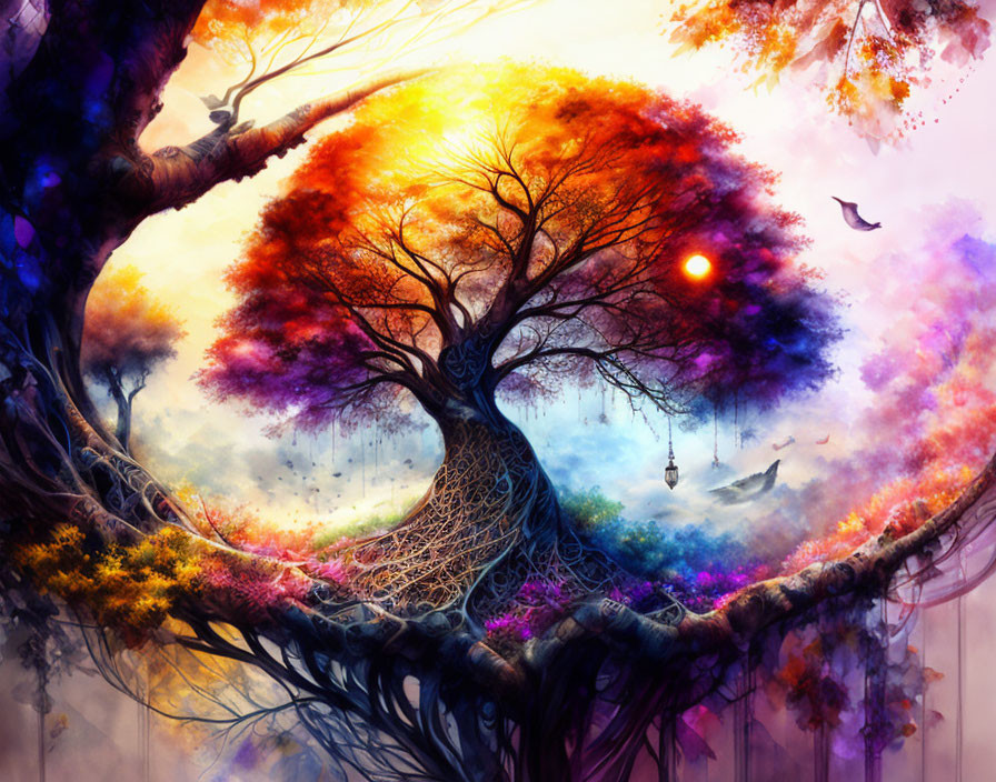 Colorful Artwork: Magical Tree, Rainbow Canopy, Lantern, Bird, Radiant Background