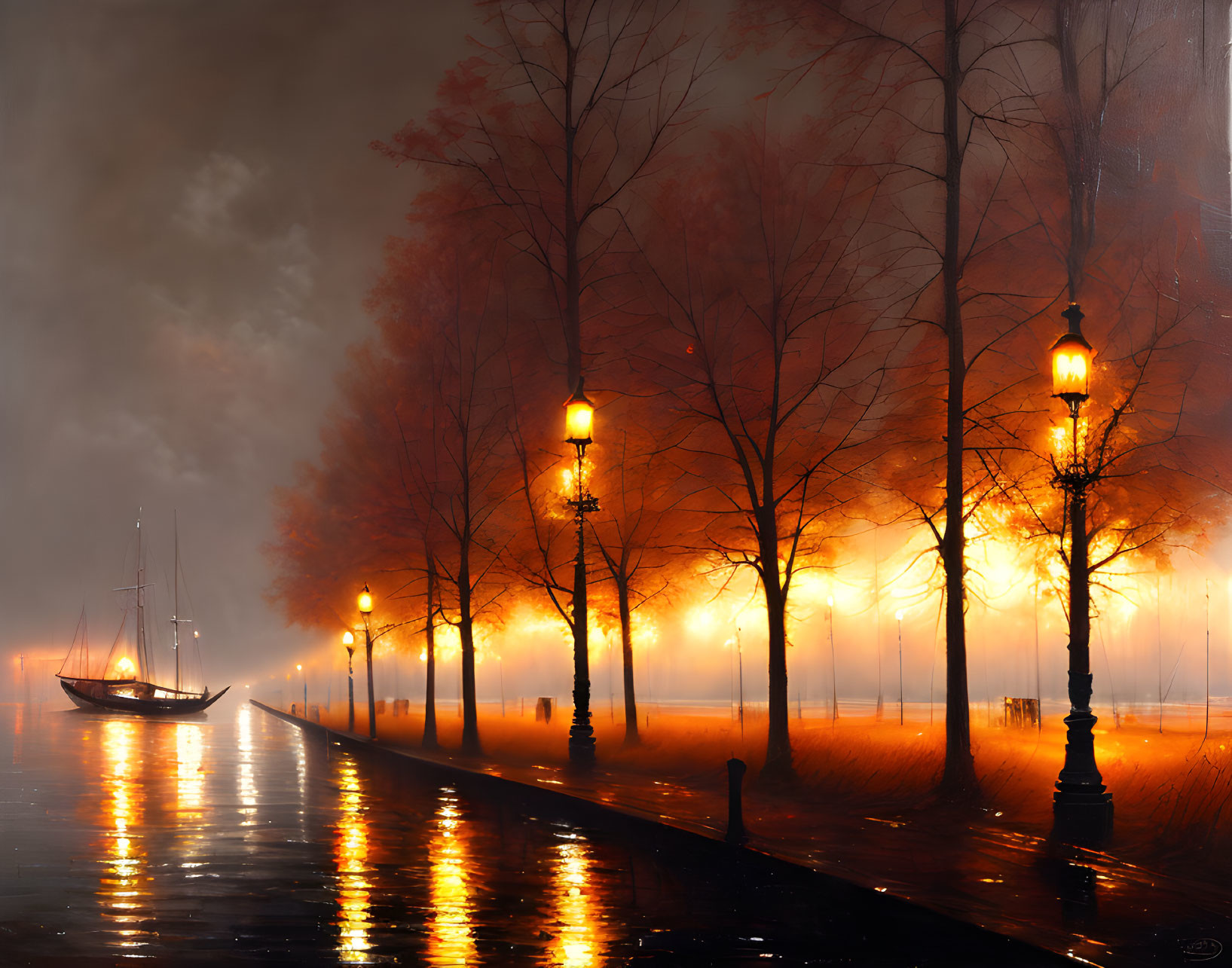 Misty waterside walkway with glowing street lamps and sailboat