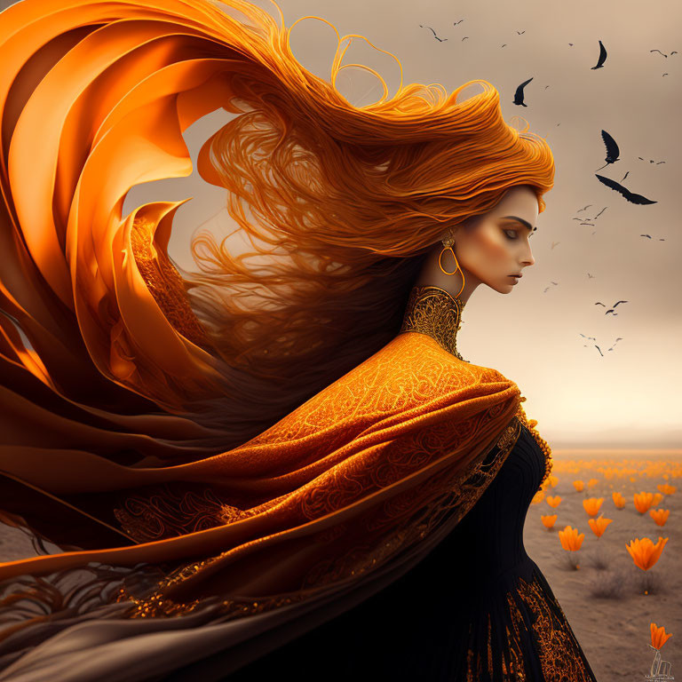 Digital artwork: Woman with orange hair in golden gown, desert setting.