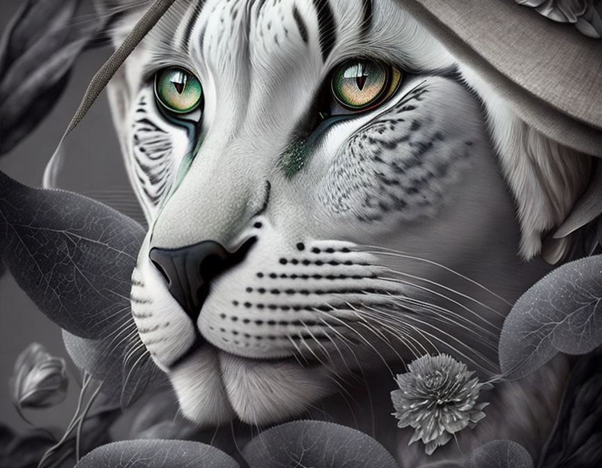 Monochromatic tiger with green eyes in floral fantasy setting