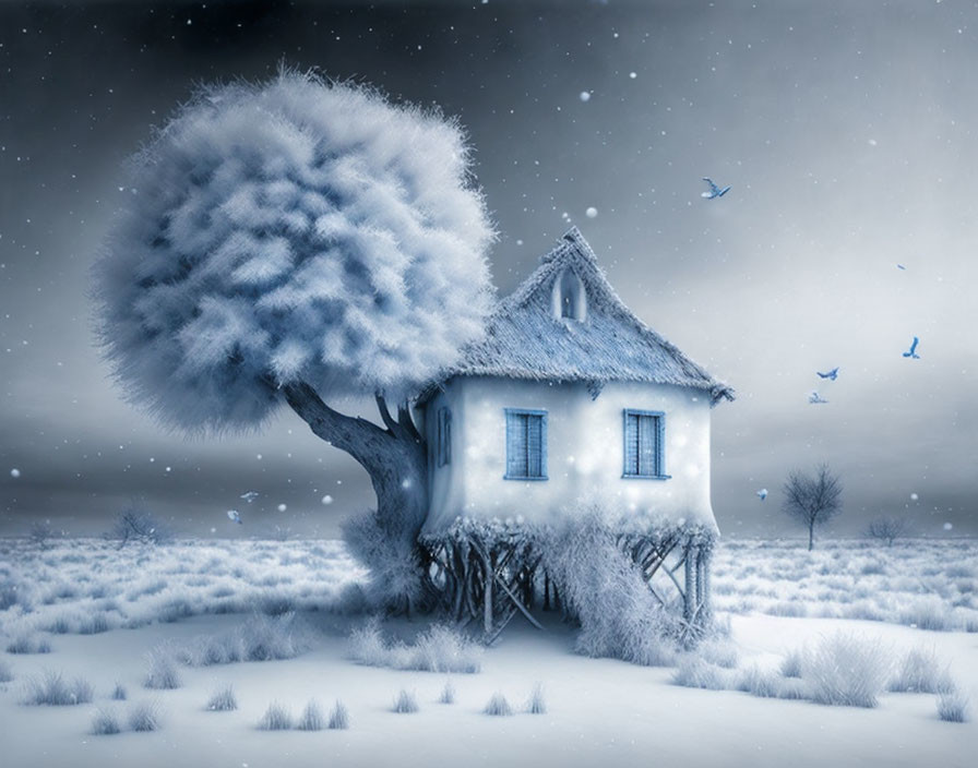 Whimsical house in tree crook amid snowy landscape