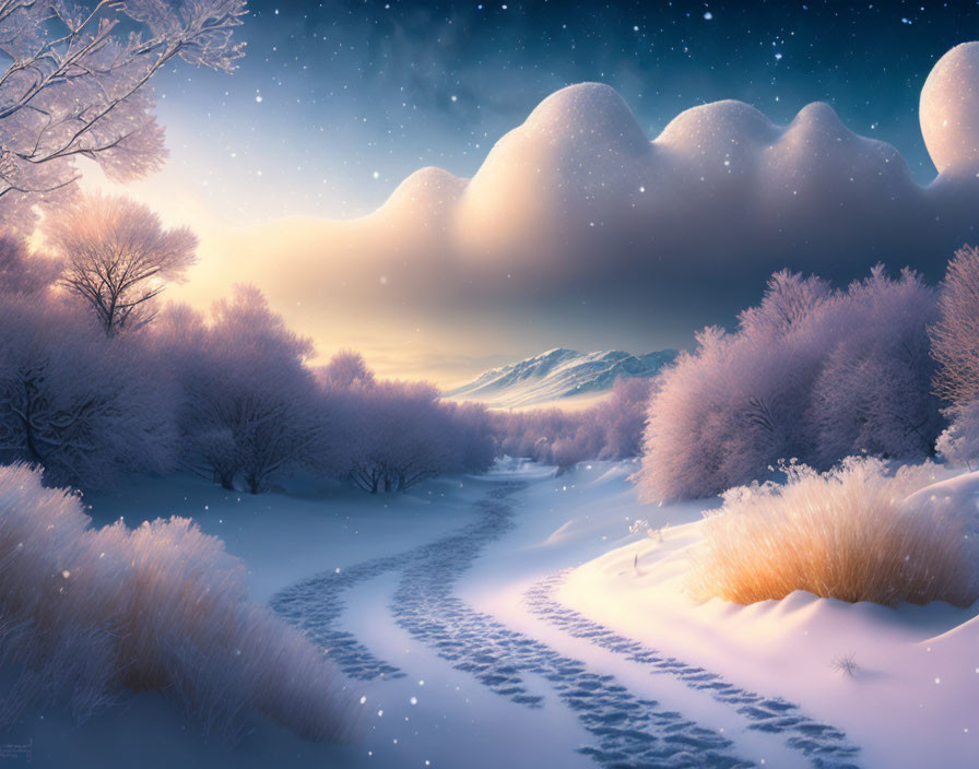 Snow-covered winter path with frosted trees and starry sky