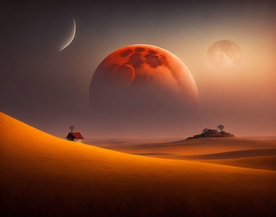 Tranquil fantasy landscape with moon, planets, windmill, tree on sandy terrain at dusk