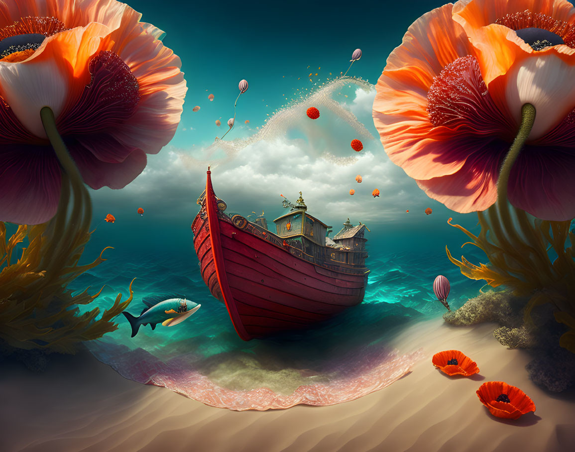 Vibrant underwater scene with red boat, poppies, and sea life